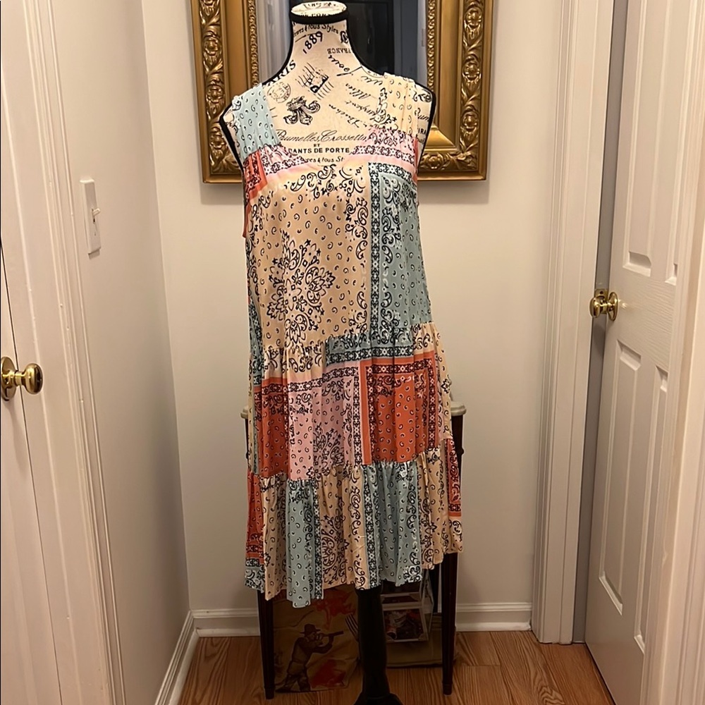 True Craft Asymmetrical Patchwork Dress - Blue, Orange, Cream